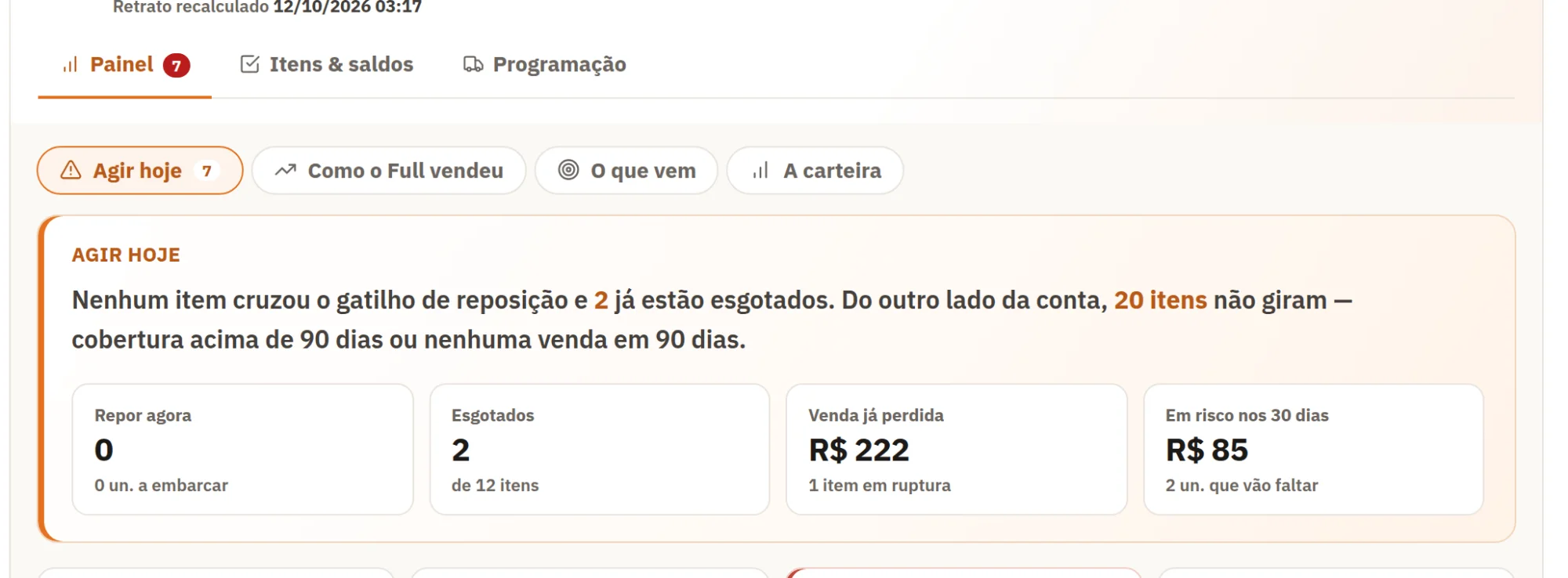 Tela de Gestão do Full na loja de demonstração