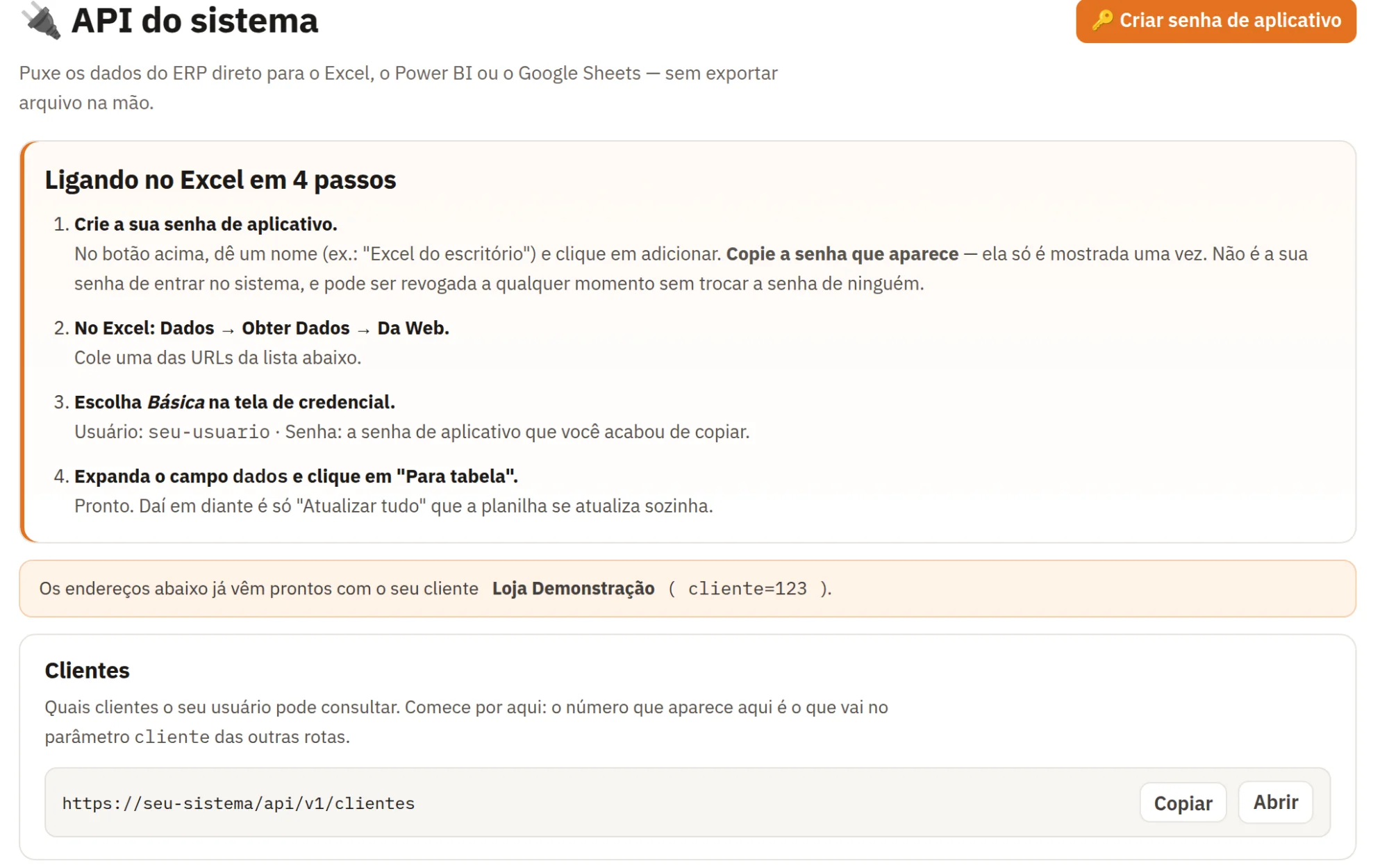 Tela de API para Excel e Power BI na loja de demonstração