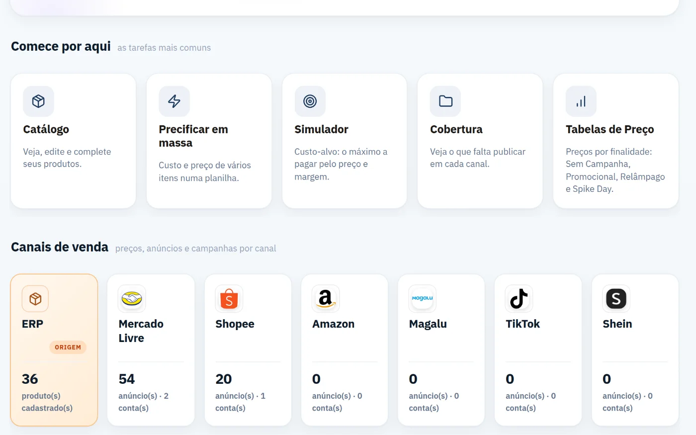 Tela de Hub de Precificação na loja de demonstração