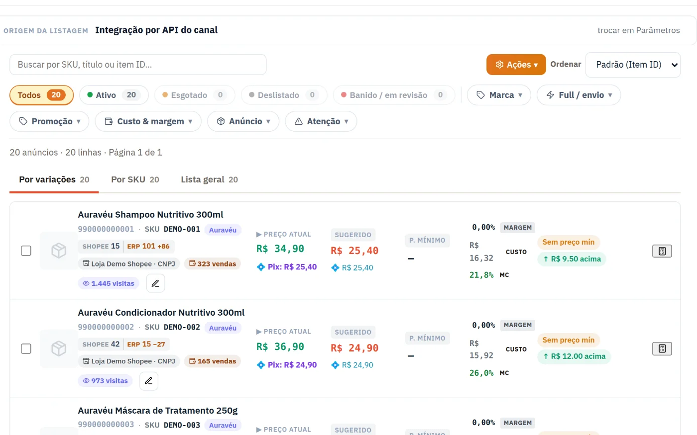 Tela de Anúncios da Shopee na loja de demonstração