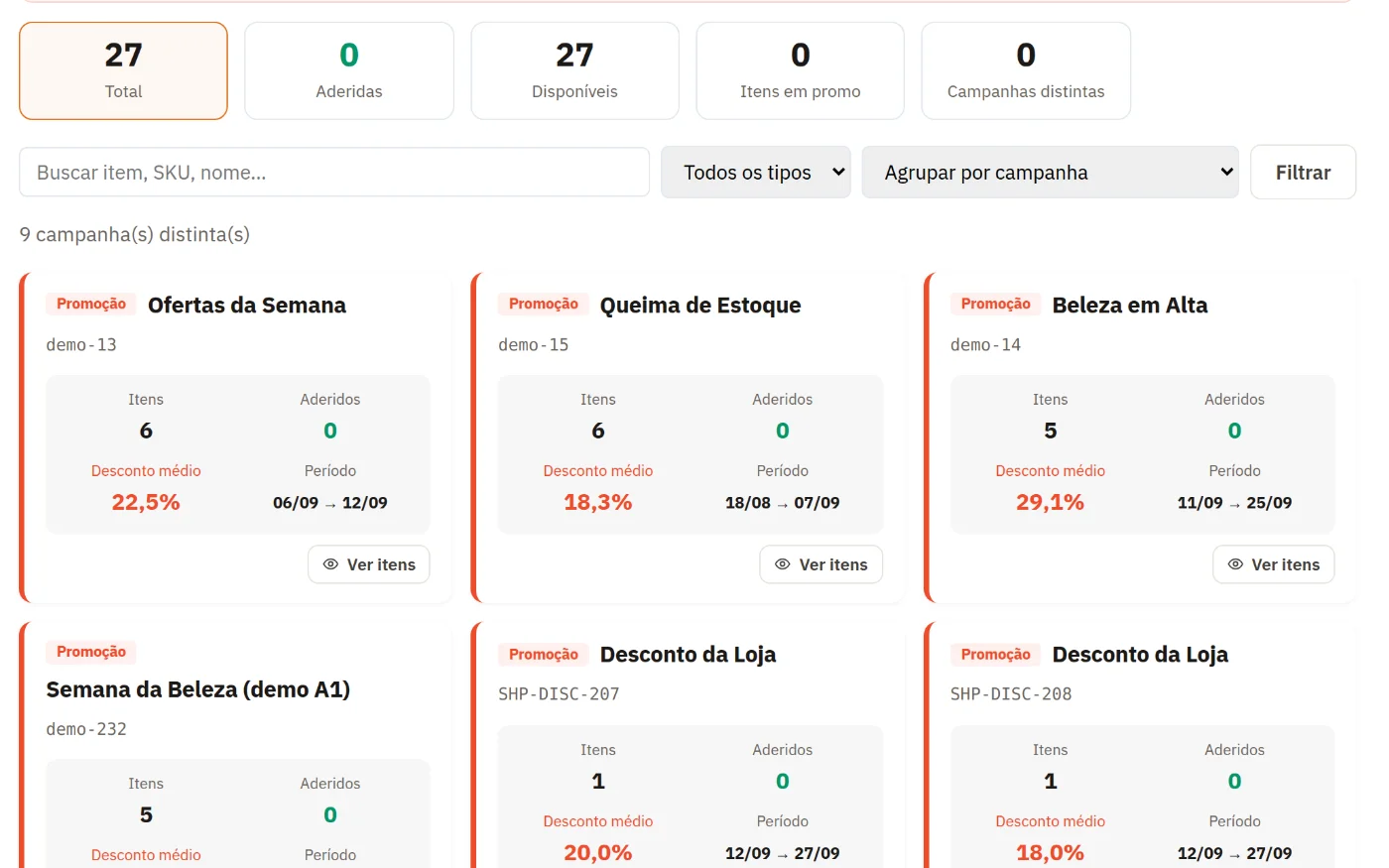 Tela de Campanhas da Shopee na loja de demonstração