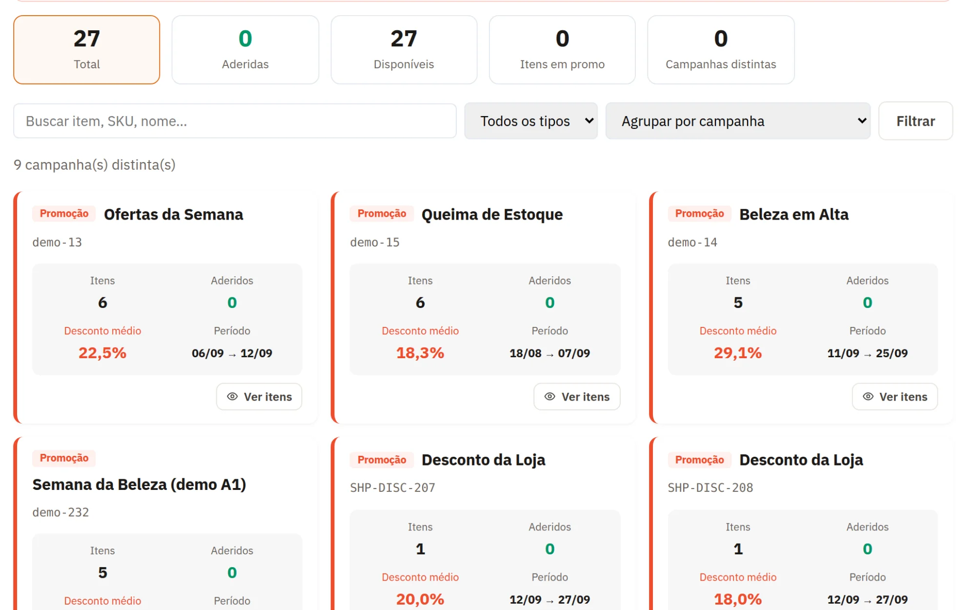 Tela de Campanhas da Shopee na loja de demonstração