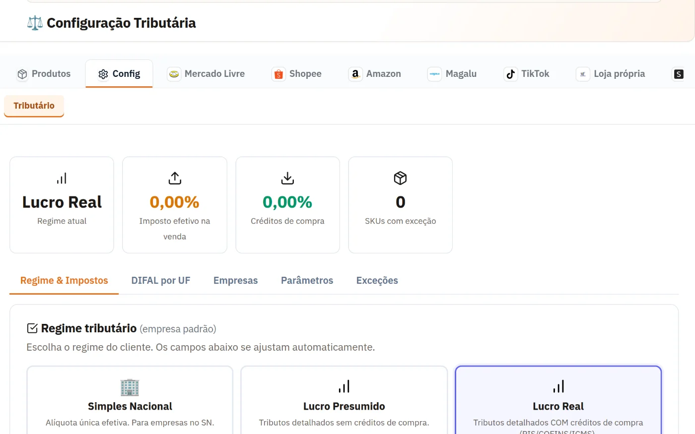 Tela de Tributário na loja de demonstração