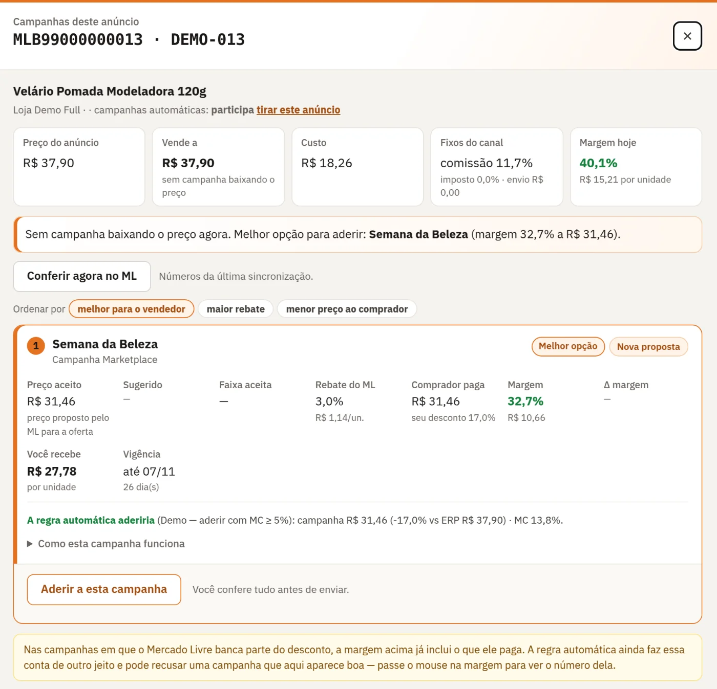 Painel de um anúncio com as campanhas em que ele pode entrar: preço aceito, rebate do Mercado Livre, margem, quanto o vendedor recebe por unidade e a melhor opção para aderir