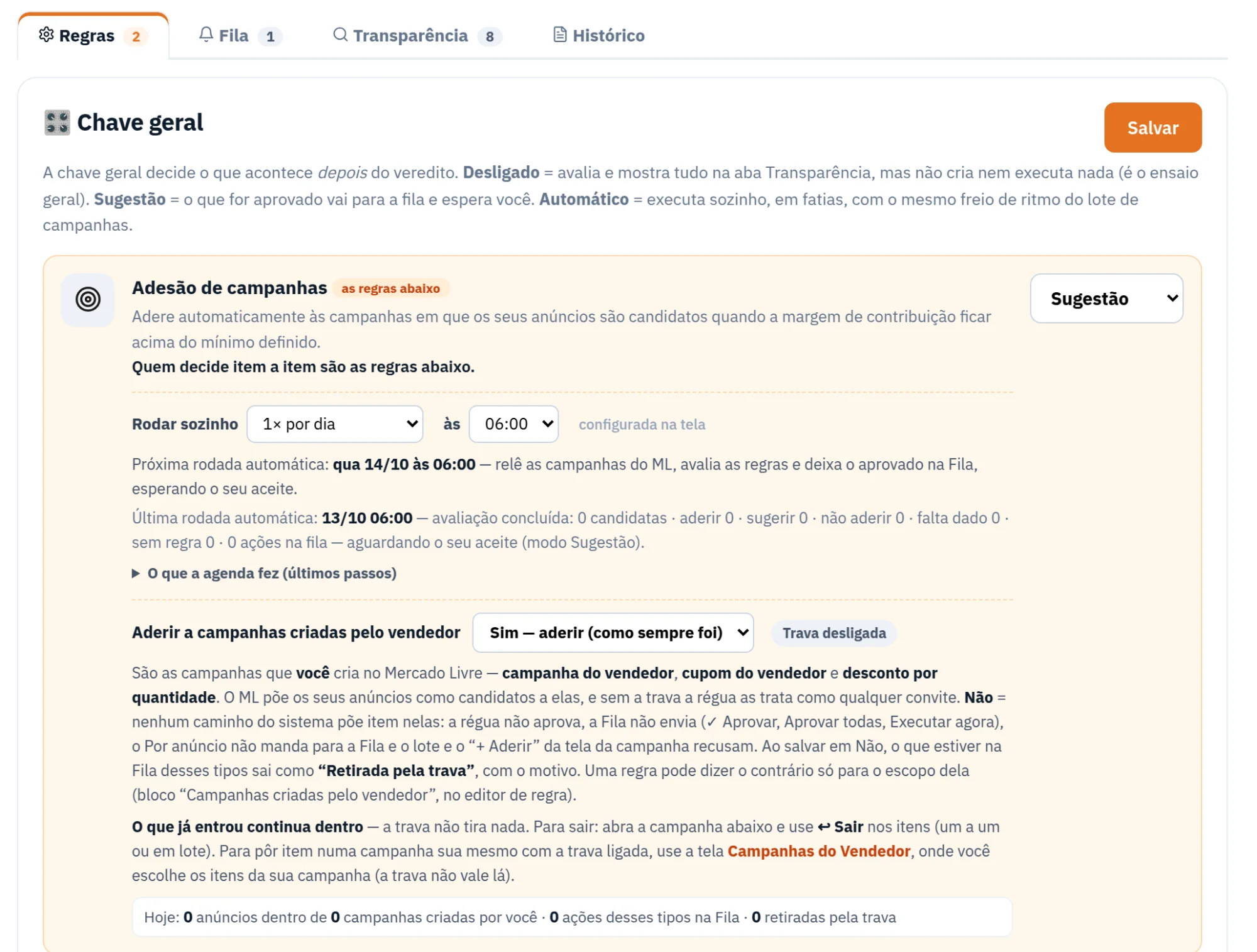 Tela de Mercado Livre: contas e regras na loja de demonstração