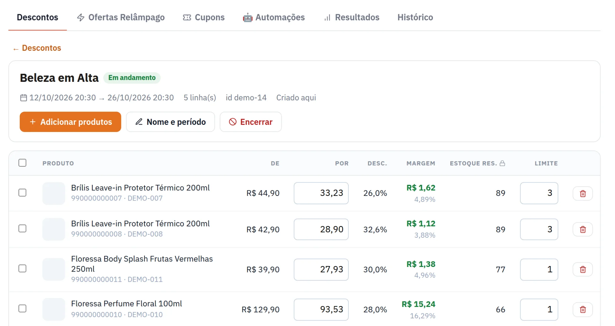 Tela de Shopee: contas e promoções na loja de demonstração
